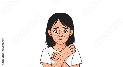 Young girl with a worried expression suffering from a widespread red skin rash or chickenpox symptoms covering her face and body.