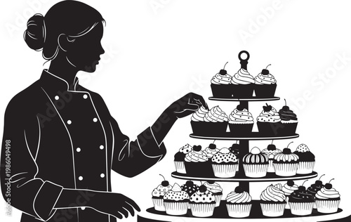 A dedicated baker meticulously arranges freshly baked cupcakes on an elegant multi-tiered stand, showcasing an exquisite display of sweet confectionery perfect for any special occasion or celebration
