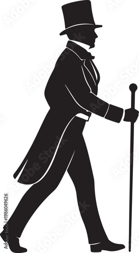 This black silhouette depicts a dapper 19th-century French gentleman wearing a top hat and tailcoat, walking confidently with a stylish cane.