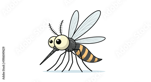 Cartoon mosquito with a striped body and large eyes standing on a surface isolated against a plain white background for pest control themes.