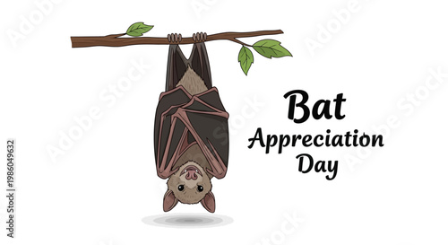 Detailed vector illustration celebrating Bat Appreciation Day, showcasing a charming flying bat silhouette hanging upside down from a tree branch with green leaves on a clean white