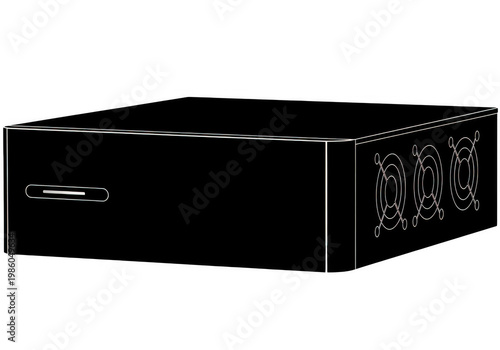 Black electronic device with cooling fans on the side, isolated on transparent background