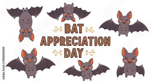 A cheerful bat appreciation day vector illustration features multiple cartoon bats in various poses, showcasing winged silhouettes and inviting viewers to save bats in a lighthearted