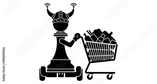Robotic Pawn pushing shopping cart with groceries on hoverboard silhouette