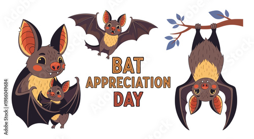 Cute bat appreciation day vector art showcasing a cartoon bat family with a baby bat, a flying bat silhouette, and a bat hanging upside down from a branch, all set against a clean, white