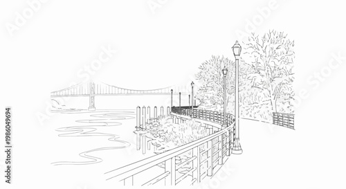 A sketch of a waterfront path with a bridge and trees in the background