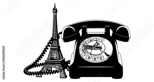 Rotary telephone with Eiffel Tower against white background silhouette