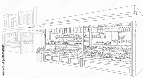 Stylized sketch of a street market stall filled with produce and baked goods