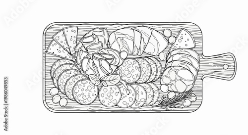 Sliced meats, cheeses, and olives arranged on a rustic wooden board