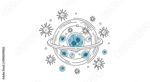 Stylized planet icon with a ring around it surrounded by many floating virus particles representing global infection and healthcare threats.