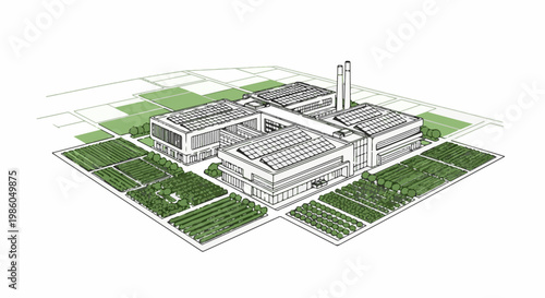 Sustainable modern building complex with solar panels and surrounding agricultural fields