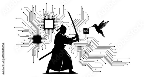 Samurai warrior with sword against circuit board and hummingbird in silhouette