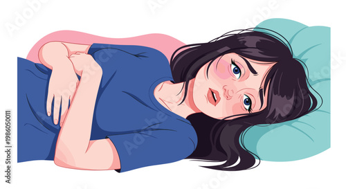 Sick young woman with dark hair lying in bed on a blue pillow looking very unwell and tired during her recovery from an infectious illness.