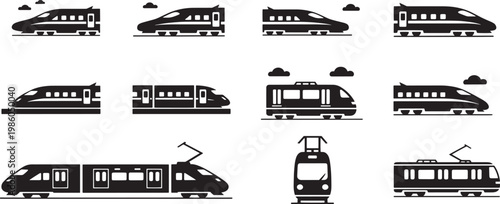 Stylish collection of modern train icons, showcasing diverse railway vehicles from high-speed bullet trains to urban trams, perfect for transportation designs