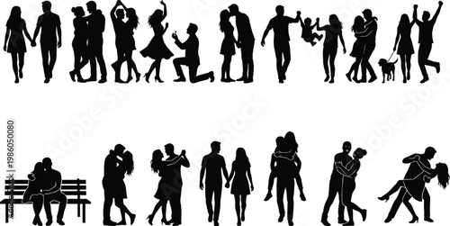 Romantic couples silhouettes set, people in love dancing walking and proposal scenes, vector illustration