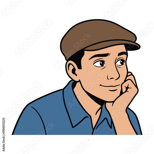 young man in blue shirt and brown cap thinking