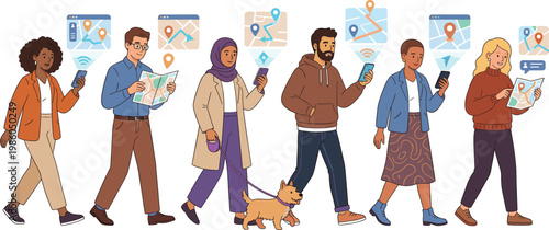 Diverse people walking and using map navigation apps on smartphones, flat vector illustration set
