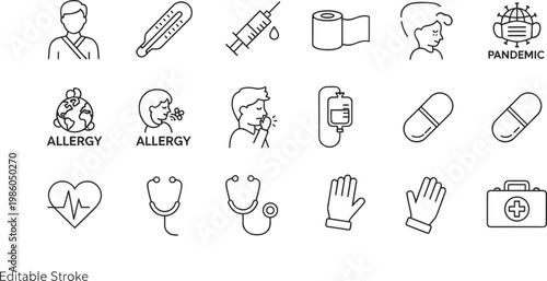 Medical line icon set featuring pandemic allergy symptoms thermometer vaccine stethoscope and first aid kit symbols for healthcare and medicine.