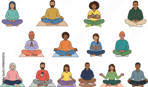 Diverse people practicing mindfulness meditation and yoga sitting in lotus position, flat vector illustration