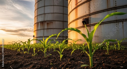 young corn plants growing near grain silos at sunrise
