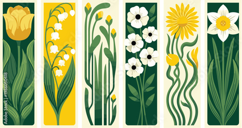 Vertical floral banner set in Art Nouveau style with tulip, lily, sunflower, and narcissus