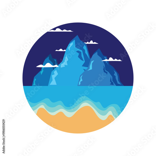 Minimalist circular coastal landscape illustration with abstract blue mountain range, calm ocean waves, sandy shoreline and stylized cloud elements in flat design vector
