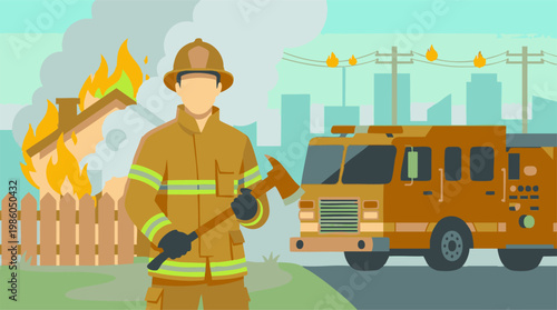 Firefighter battling a house fire and city emergency scene illustration