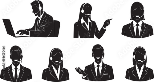 Professional customer service and support team silhouettes demonstrating dedicated assistance and effective communication for diverse business operations and online helpdesks