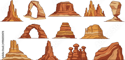 Red desert rock formations set, canyon arches and mesa buttes for western landscape, vector illustration