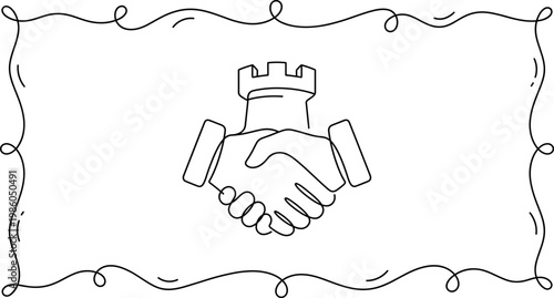 Continuous line drawing of a handshake with a castle tower symbol on top, business partnership concept
