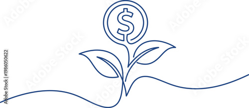 Continuous line drawing of a dollar coin growing like a plant, financial growth and investment concept