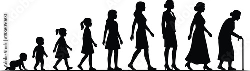 Female aging process silhouettes set, woman life cycle from baby to elderly person, vector illustration