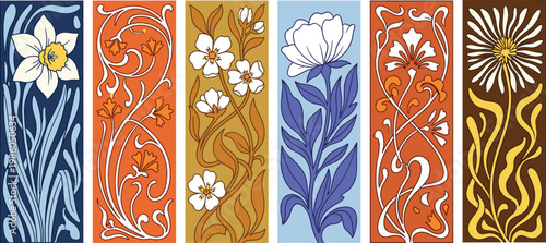 Art nouveau floral vertical banners set, elegant vintage flower border designs, vector illustration