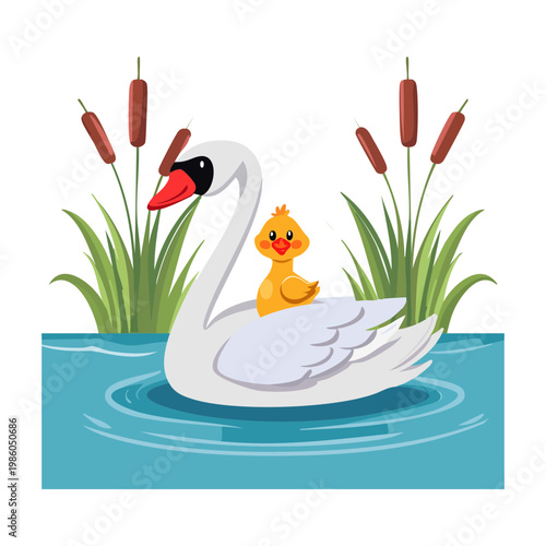 Vászonkép Mother swan with baby cygnet on her back for family love theme and nursery wall
