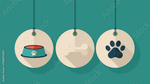 Three circular tags hanging on strings featuring icons of a dog bowl, a bone, and a paw print against a dark teal background.