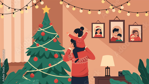 Father in a festive sweater carrying his daughter on his shoulders as they celebrate near a decorated Christmas tree at home.
