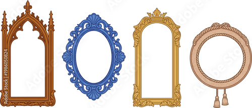 Vintage decorative frames set, gothic baroque and rope style mirror borders, vector illustration