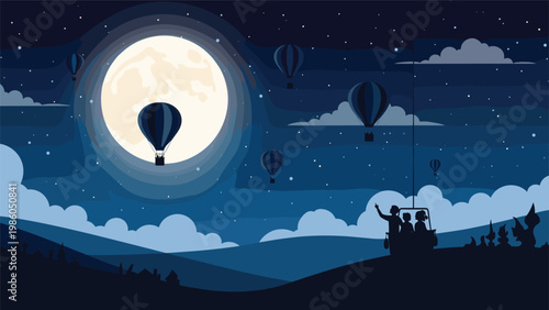 Dreamy nighttime scene of hot air balloons floating across a large full moon over a rolling hills landscape under stars.