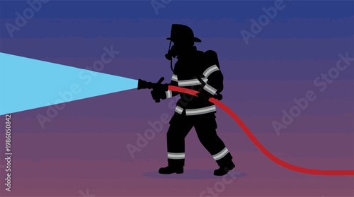Silhouette of firefighter spraying water from a hose during an emergency