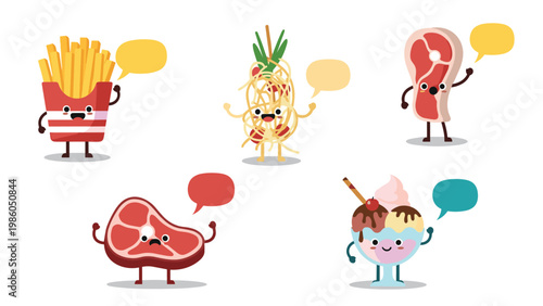 Collection of cute food characters including fries, pasta, steak, and ice cream with speech bubbles on a white background.