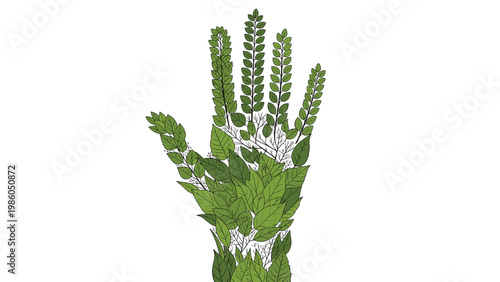 Conceptual illustration of a human hand shape formed entirely from various green leaves representing environmental awareness.
