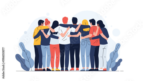 Professional illustration of a diverse group of people standing together in a supportive embrace shown from the back view.