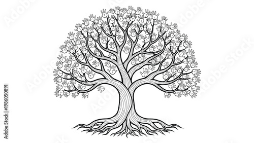 Detailed black and white engraving style illustration of a large tree where the leaves are represented by human handprints.