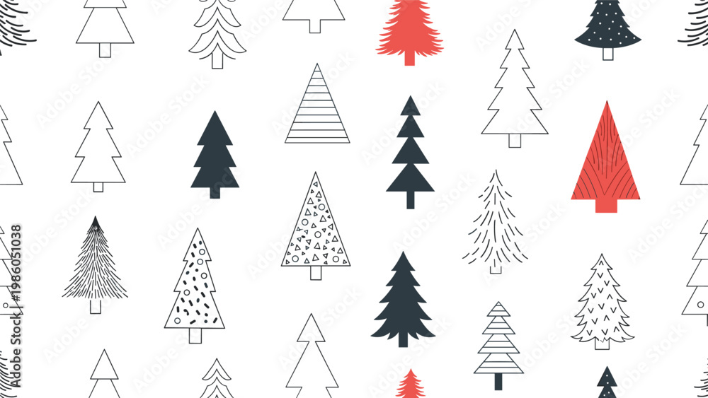Obraz premium Minimalist seamless pattern featuring various stylized and geometric Christmas tree shapes in black, red, and white colors.