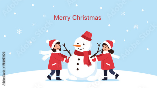 Heartwarming winter illustration of two young children in red coats happily building a snowman in the falling snow.