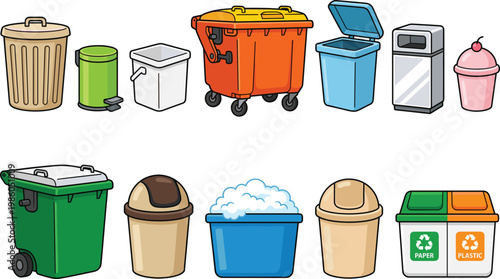 Trash and recycling bin set, waste management containers and garbage disposal vector illustration