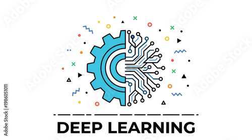 Deep learning concept with gear and circuit board half brain illustration
