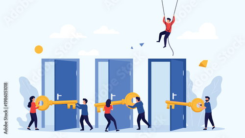 Conceptual illustration of people working together to open large blue doors with oversized golden keys to find success.