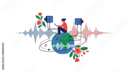 Person sitting on a globe surrounded by speakers and audio waves representing global connection through music and sound.