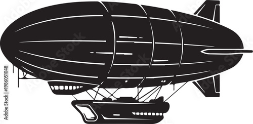 Black zeppelin airship, vintage dirigible, aircraft icon, silhouette illustration